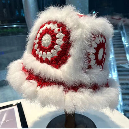 Women Rabbit Fur Crochet Winter Bucket Hat