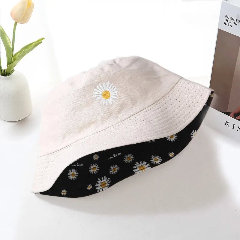 Unisex Double-Sided Daisy Embroidered Cotton Bucket Hat