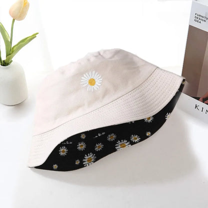 Unisex Double-Sided Daisy Embroidered Cotton Bucket Hat