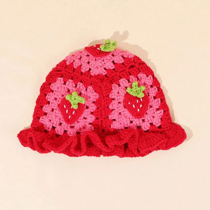 Strawberry Embroidery Lotus Edge Wool Bucket Hat