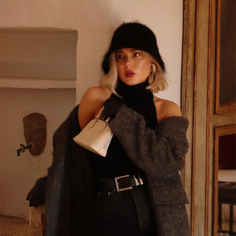 Letter Embroidered Winter Knit Bucket Hat
