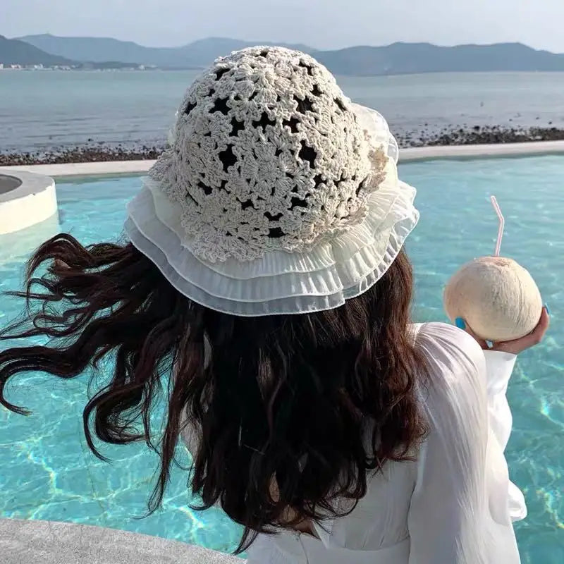 Lace Knitted Hollow Large Brim Korean Bucket Hat