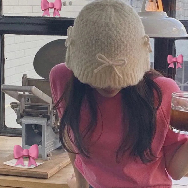 Korean Bow Decor Knit Bucket Hat