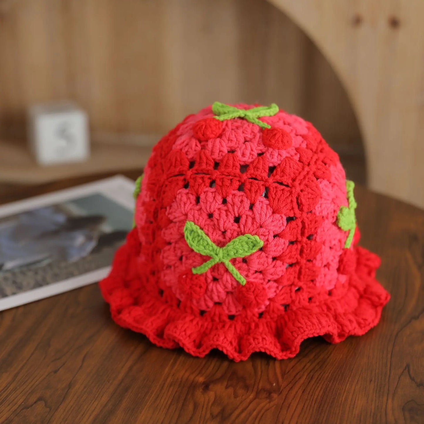 3D Cherry Crochet Ruffle Bucket Hat