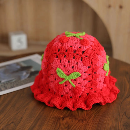 3D Cherry Crochet Ruffle Bucket Hat