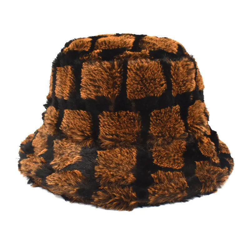 Unisex Plush Checkered Winter Bucket Hat