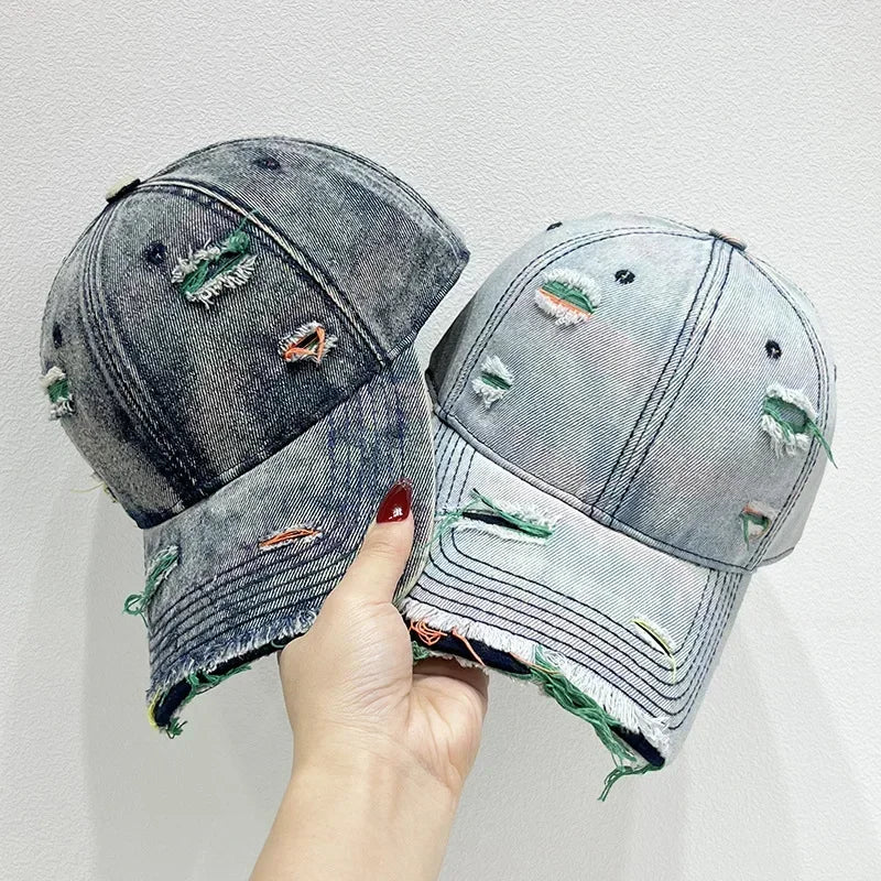 Korean Rainbow Cracked Denim Duck Tongue Baseball Cap