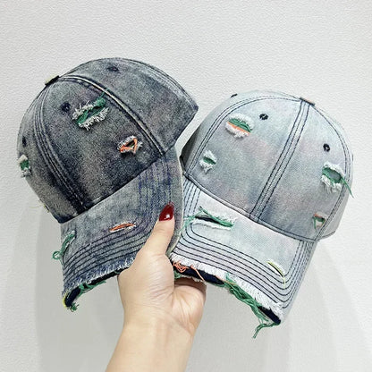 Korean Rainbow Cracked Denim Duck Tongue Baseball Cap