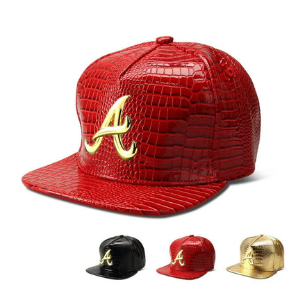 PU Crocodile Skin Letter Embroidered Flat Brim Baseball Hat