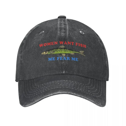 Women Want Fish Me Fear Me Vintage Baseball Cap Unisex
