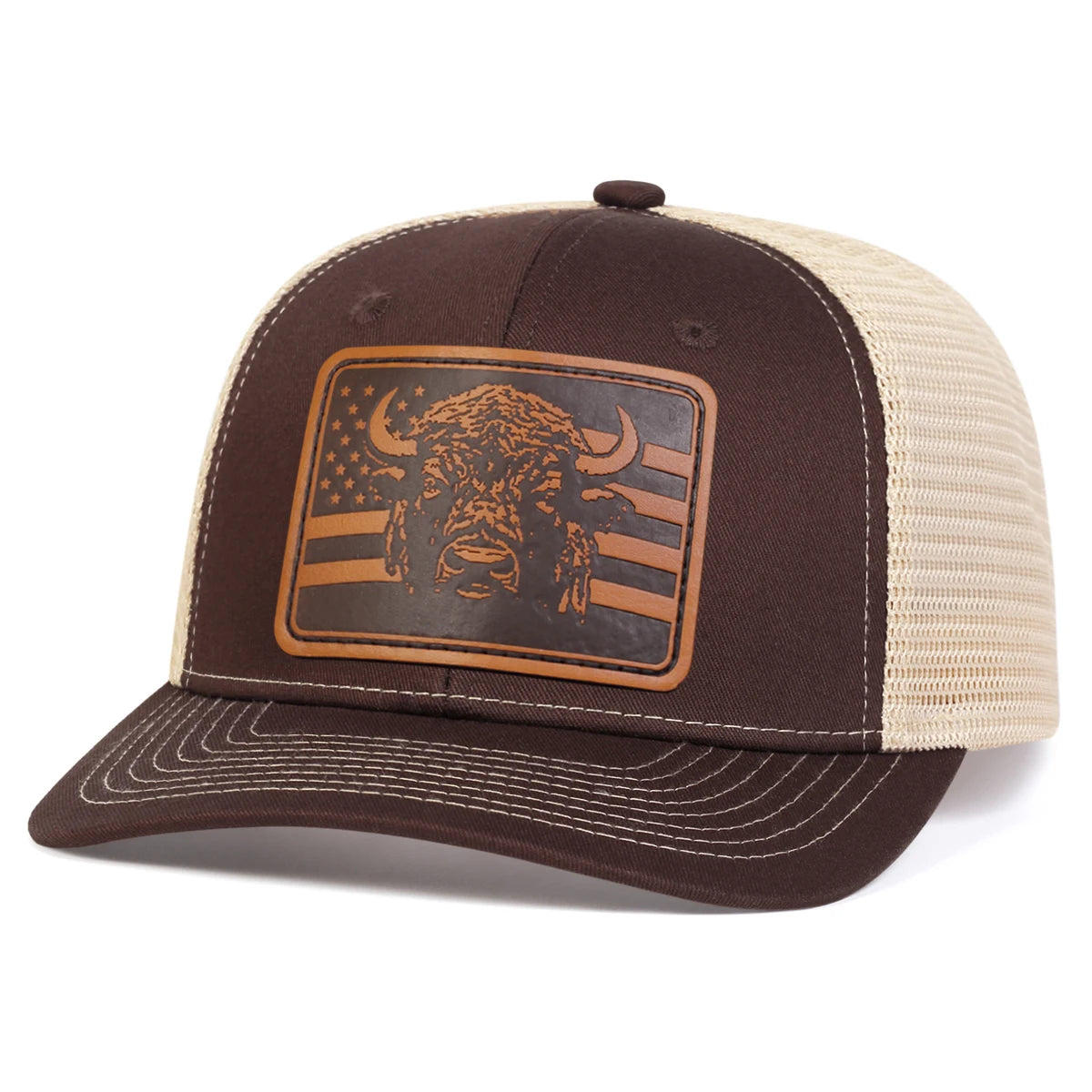 Unisex Brown Flag Bull Head Leather Label Baseball Net Caps
