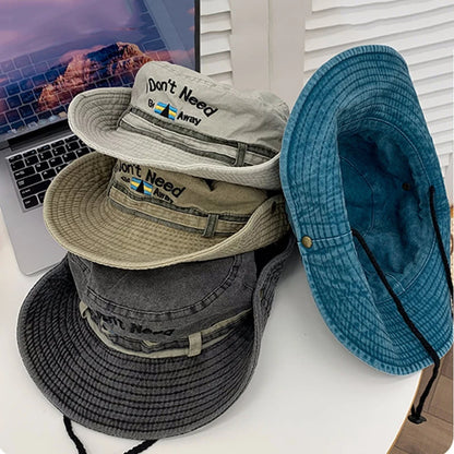 Washed Denim Letter Embroidery Unisex Bucket Hat