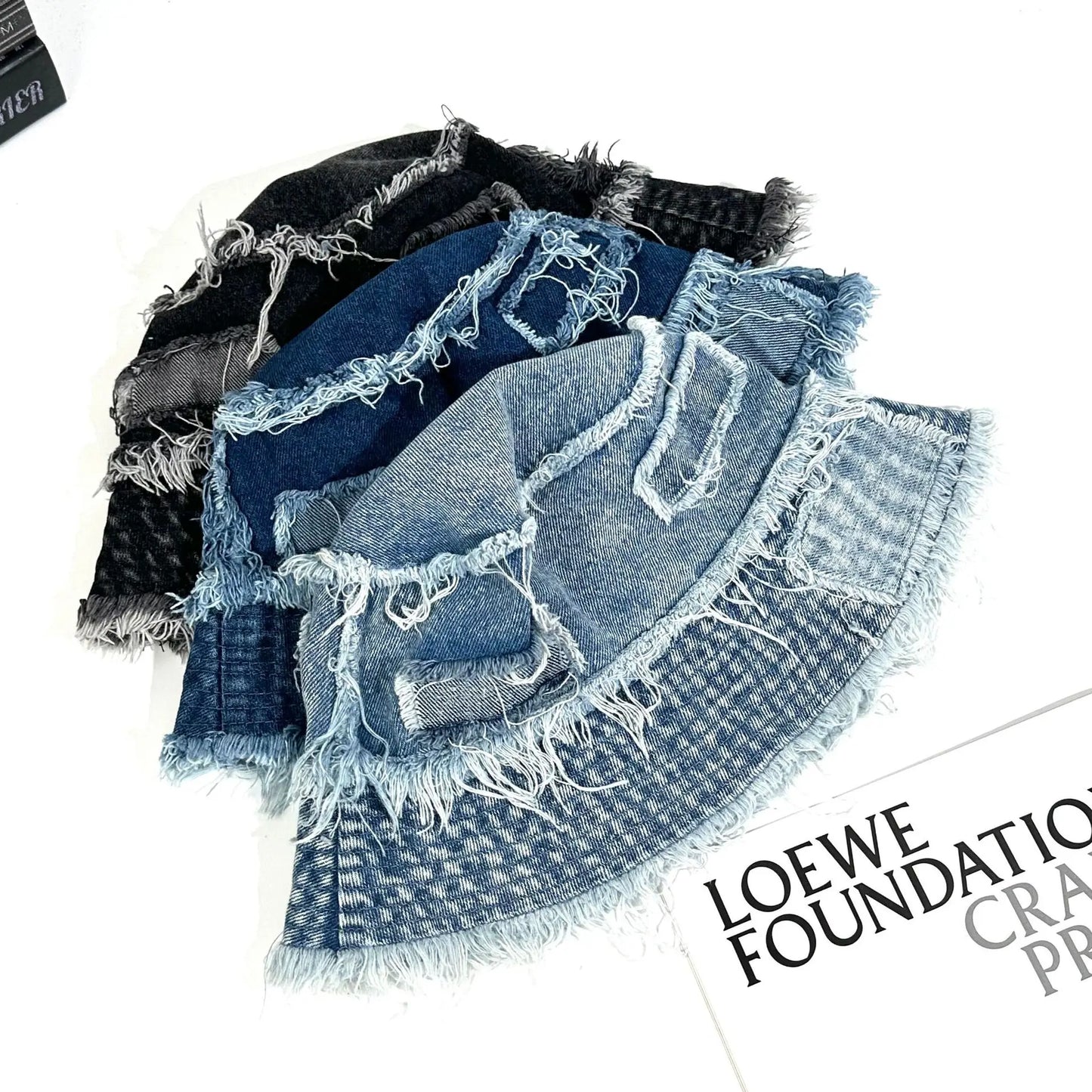 Korean Washed Denim Tassel Brim Bucket Hat