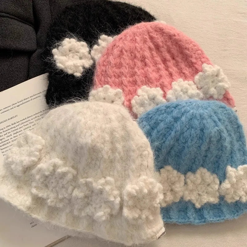 Sweet Flower Knitted Y2K Winter Bucket Hat