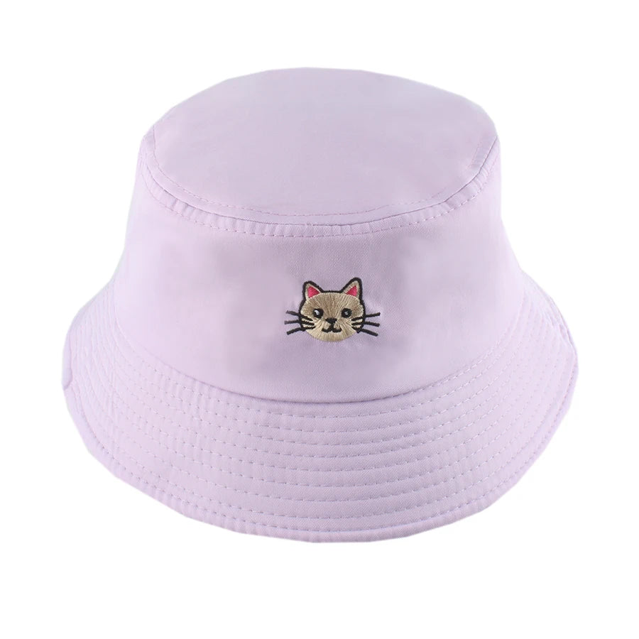 Summer Cat Embroidered Cotton Bucket Hat