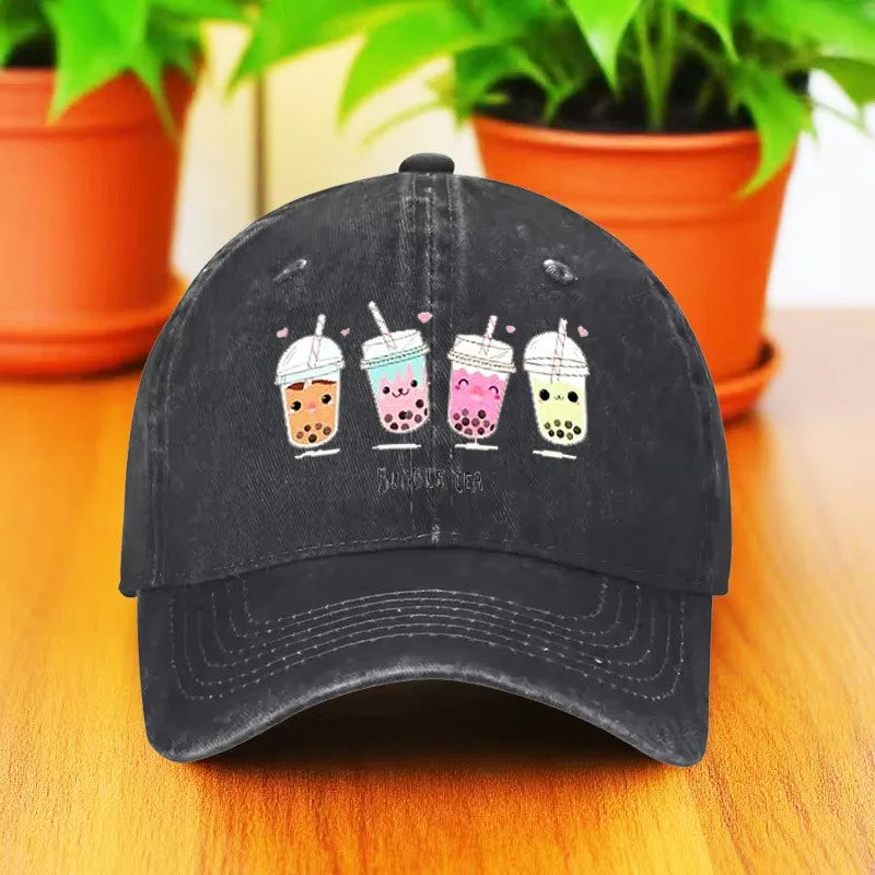 Cute Milk Tea Print Denim Baseball Cap