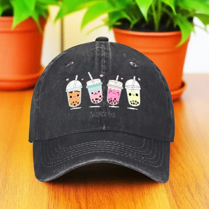 Cute Milk Tea Print Denim Baseball Cap