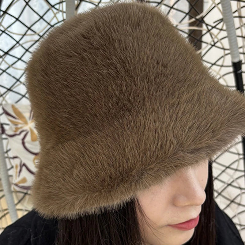Leopard Faux Fur Plush Winter Bucket Hat