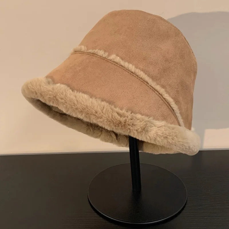Retro Suede Plush Winter Bucket Hat