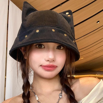Women Cat Ear Rivet Bucket Hat