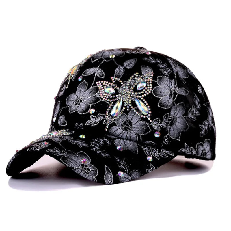 Women Flower Butterfly Rhinestone Lace Baseball Cap