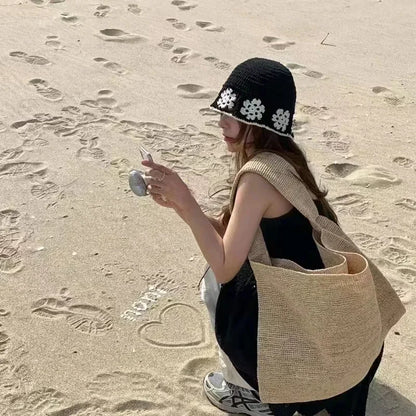 Knitted Floral Crochet Outdoor Travel Women Bucket Hat