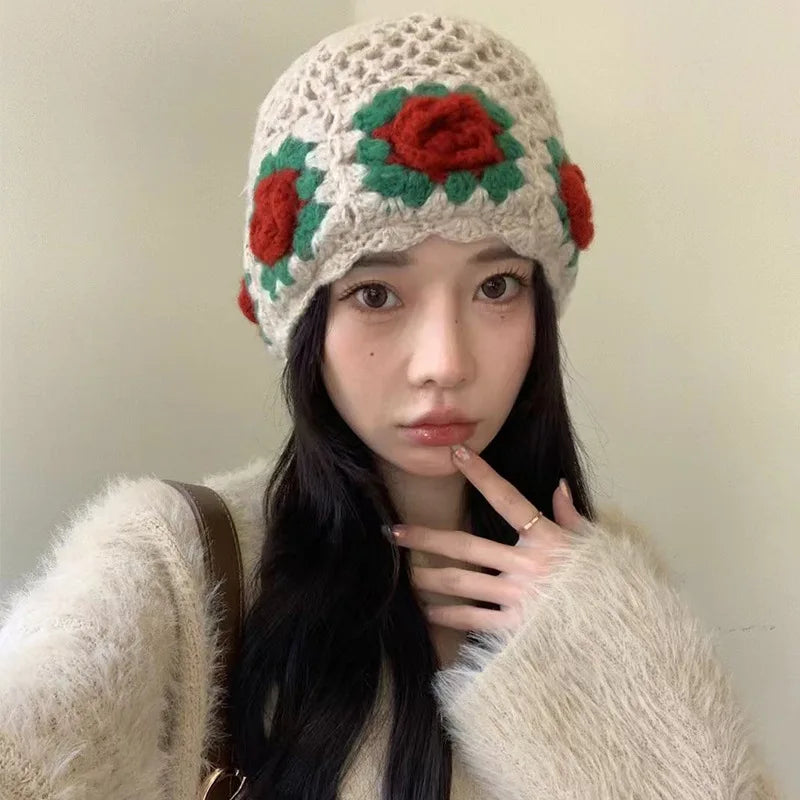 Korean Handmade Crochet Flower Warm Winter Bucket Hat