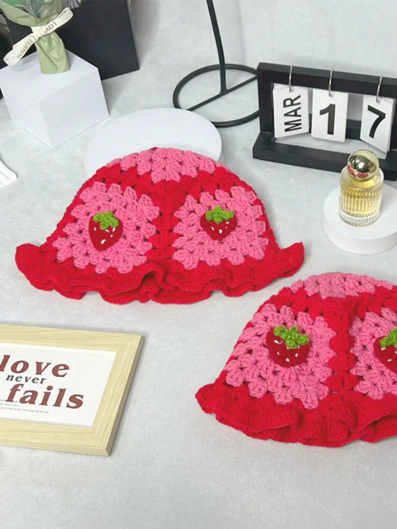 Bohemian Strawberry Crochet Ruffled Edge Bucket Hat