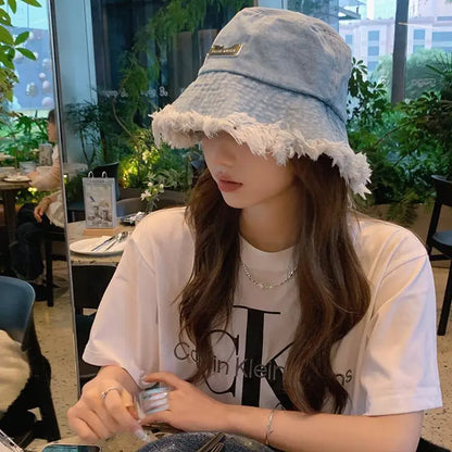 Korean Fringed Washed Denim Bucket Hat