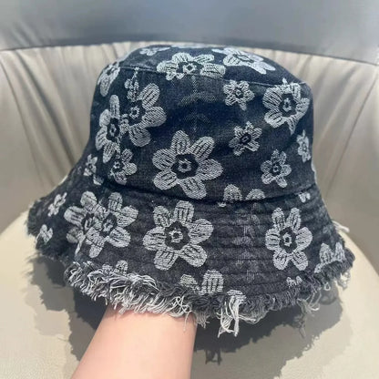 Korean Floral Print Washed Denim Summer Bucket Hat
