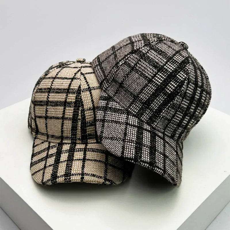 Autumn Winter Woolen Baseball Cap Versatile Retro Check British Style
