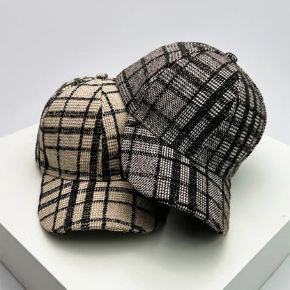 Autumn Winter Woolen Baseball Cap Versatile Retro Check British Style