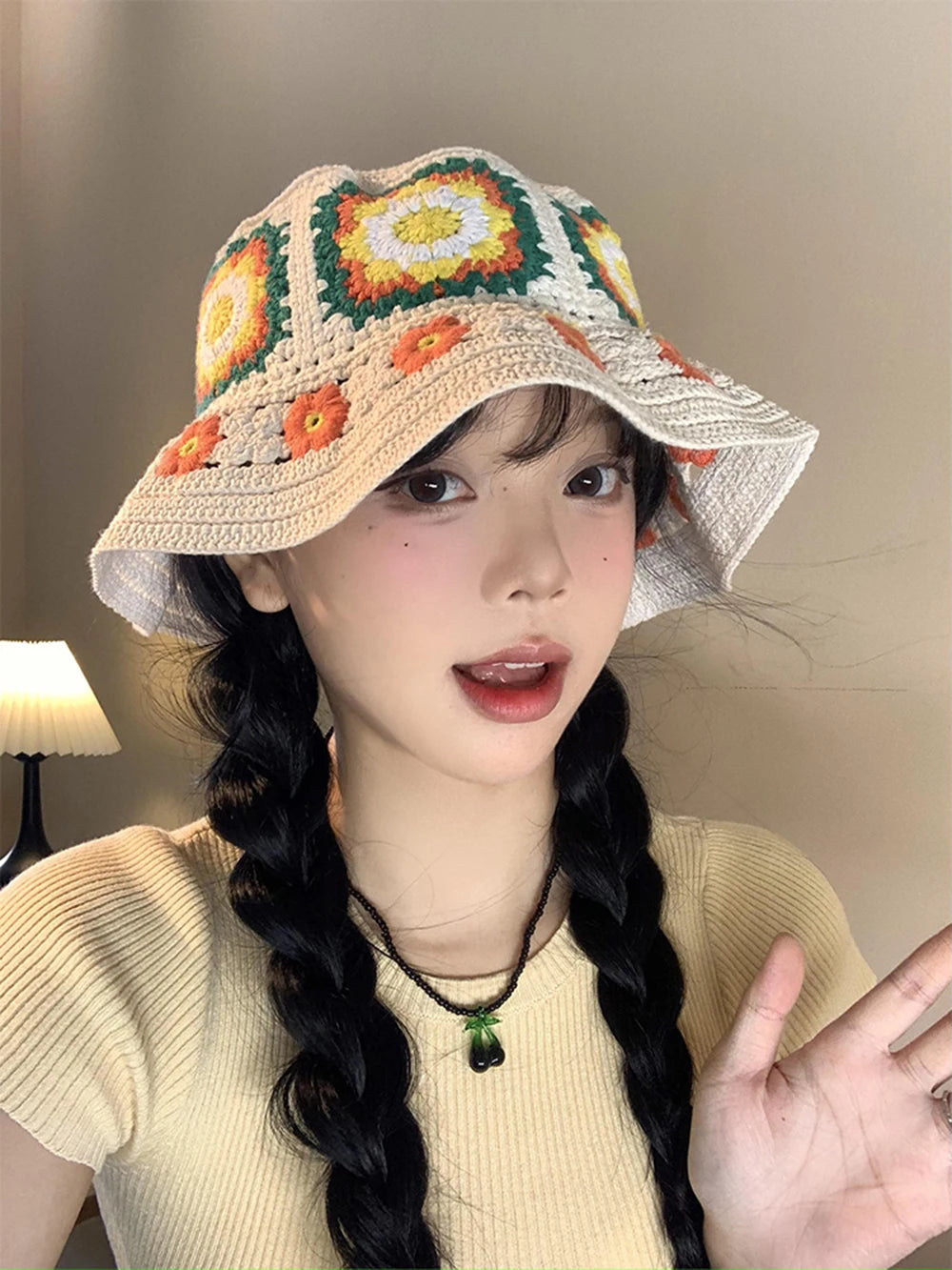 Colorful Handmade Flower Plush Knitted Bucket Hat