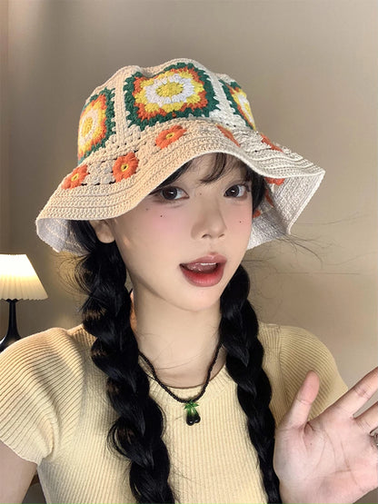 Colorful Handmade Flower Plush Knitted Bucket Hat