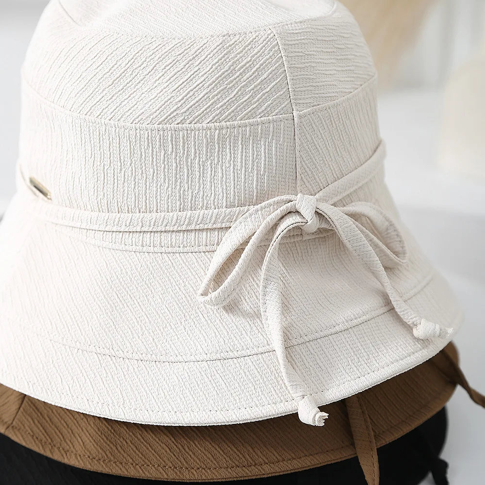 Korean Style Bow Plaid Foldable Bucket Hat