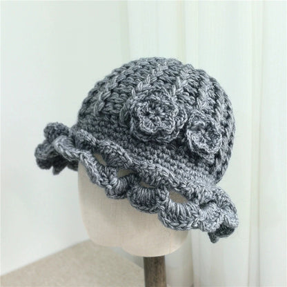 Winter Warm Crochet Woolen Flower Bucket Hat