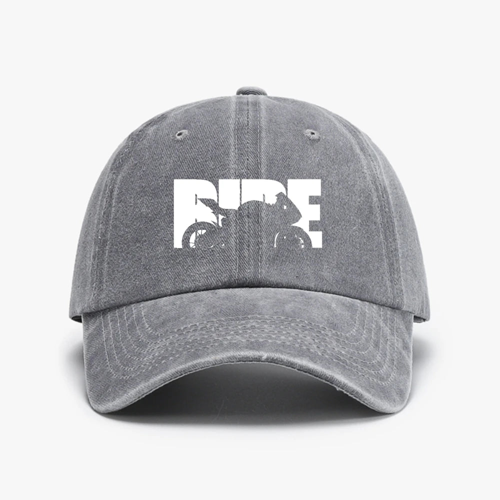 Vintage Motorcycle Print Washed Distressed Denim Baseball Cap