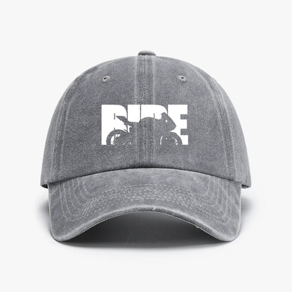Vintage Motorcycle Print Washed Distressed Denim Baseball Cap
