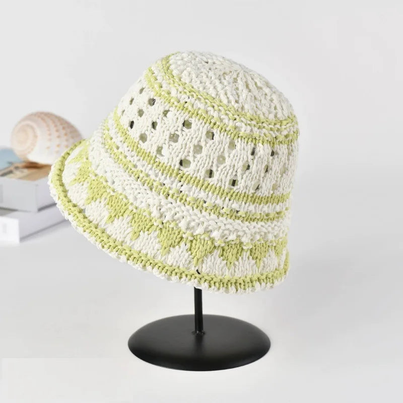Color Blocked Woven Hollow Fisherman Bucket Hat