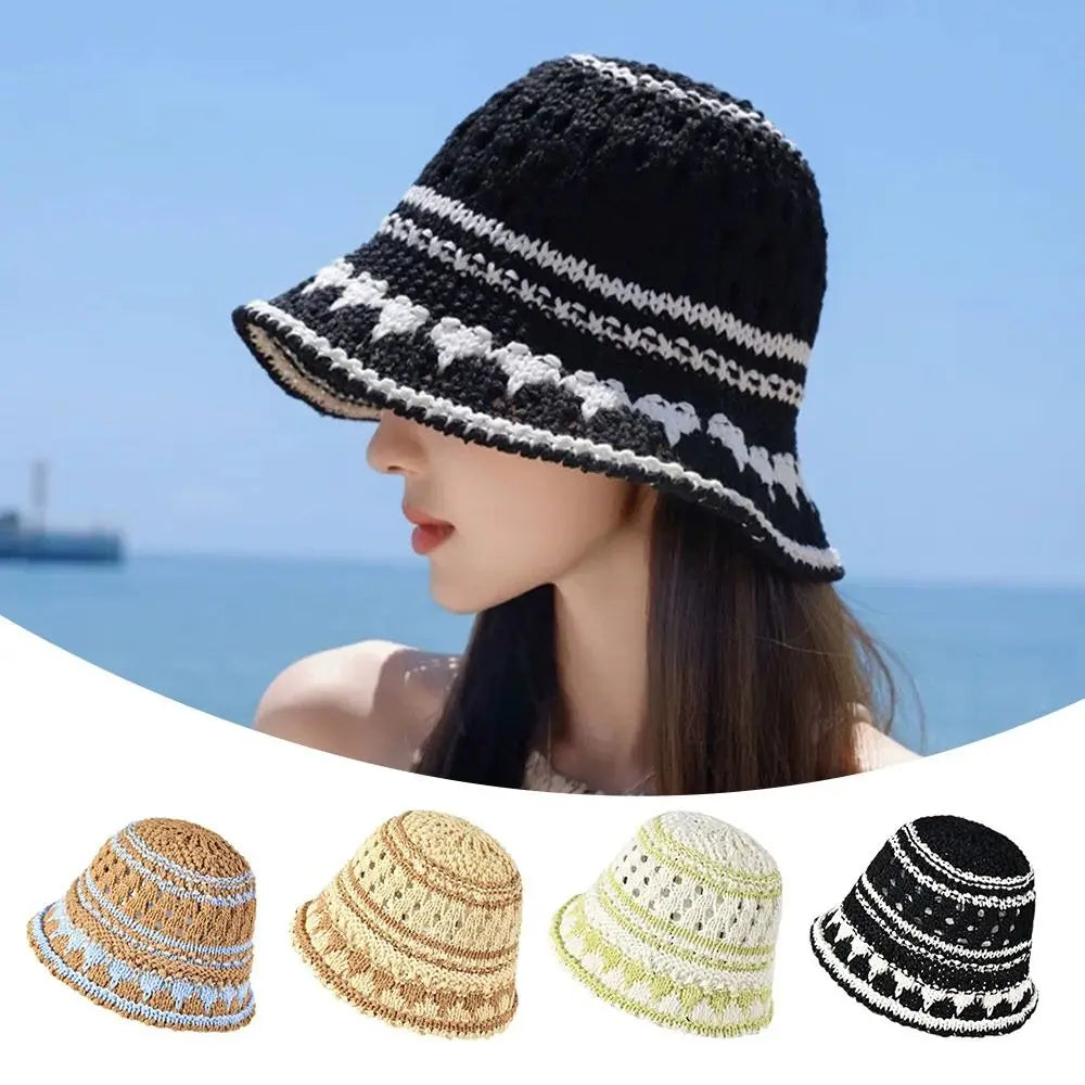 Casual Striped Hollow Breathable Foldable Travel Bucket Hat