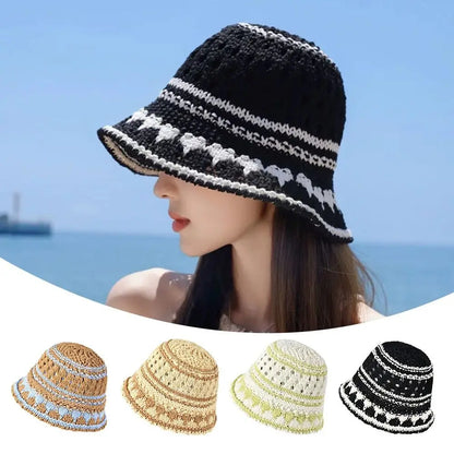 Casual Striped Hollow Breathable Foldable Travel Bucket Hat