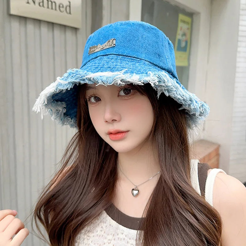 Washed Denim Wide Brim Bucket Hat