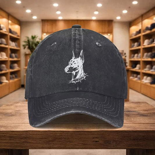 Doberman Printed Washed Denim Adjustable Baseball Cap