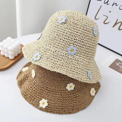Small Daisy Solid Color Woven Straw Bucket Hat