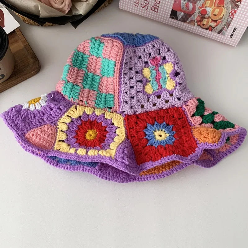 Korean Contrasting Flower Handmade Crochet Bucket Hat