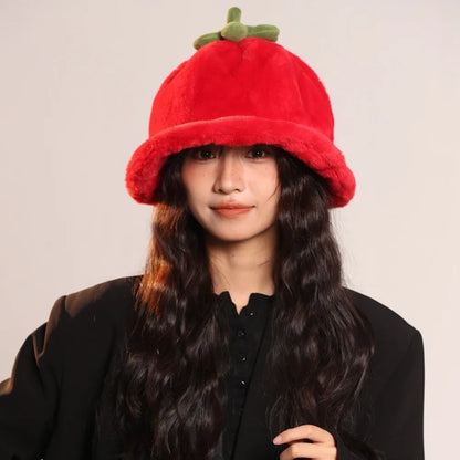 Cute Tomato Plush Winter Bucket Hat