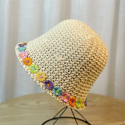 Womens Woven Rainbow Straw Foldable Bucket Hat