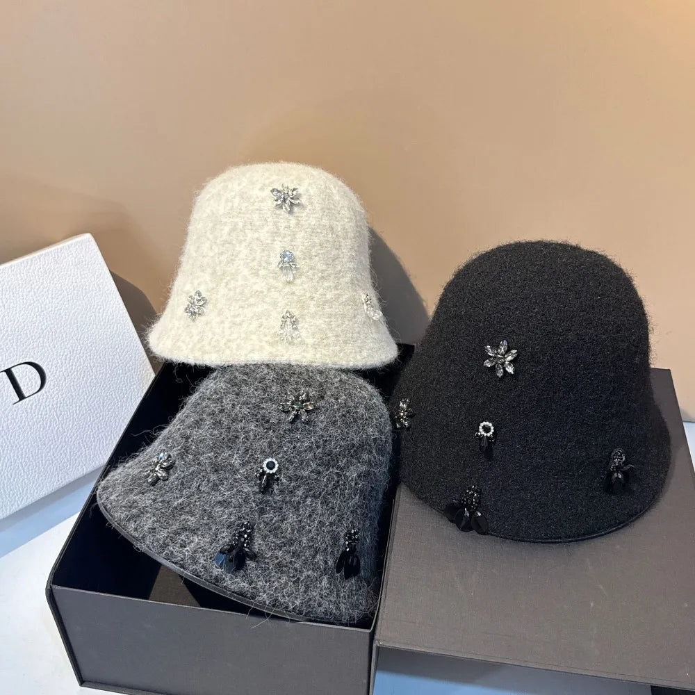 Korean Woolen Winter Bucket Hat with Rhinestone