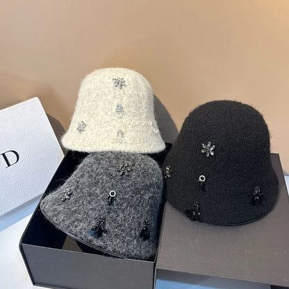 Korean Woolen Winter Bucket Hat with Rhinestone