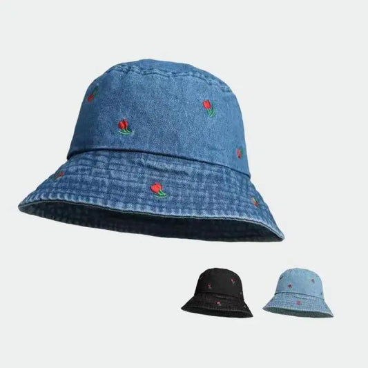 Bucket Hat Women Denim Embroidered Flower Summer Hats